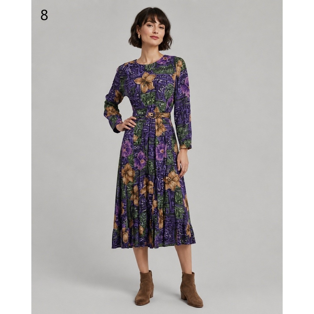 Phoebe Petites‎ Dress Women 6 Purple Rayon Floral Tropical Belt Vintage